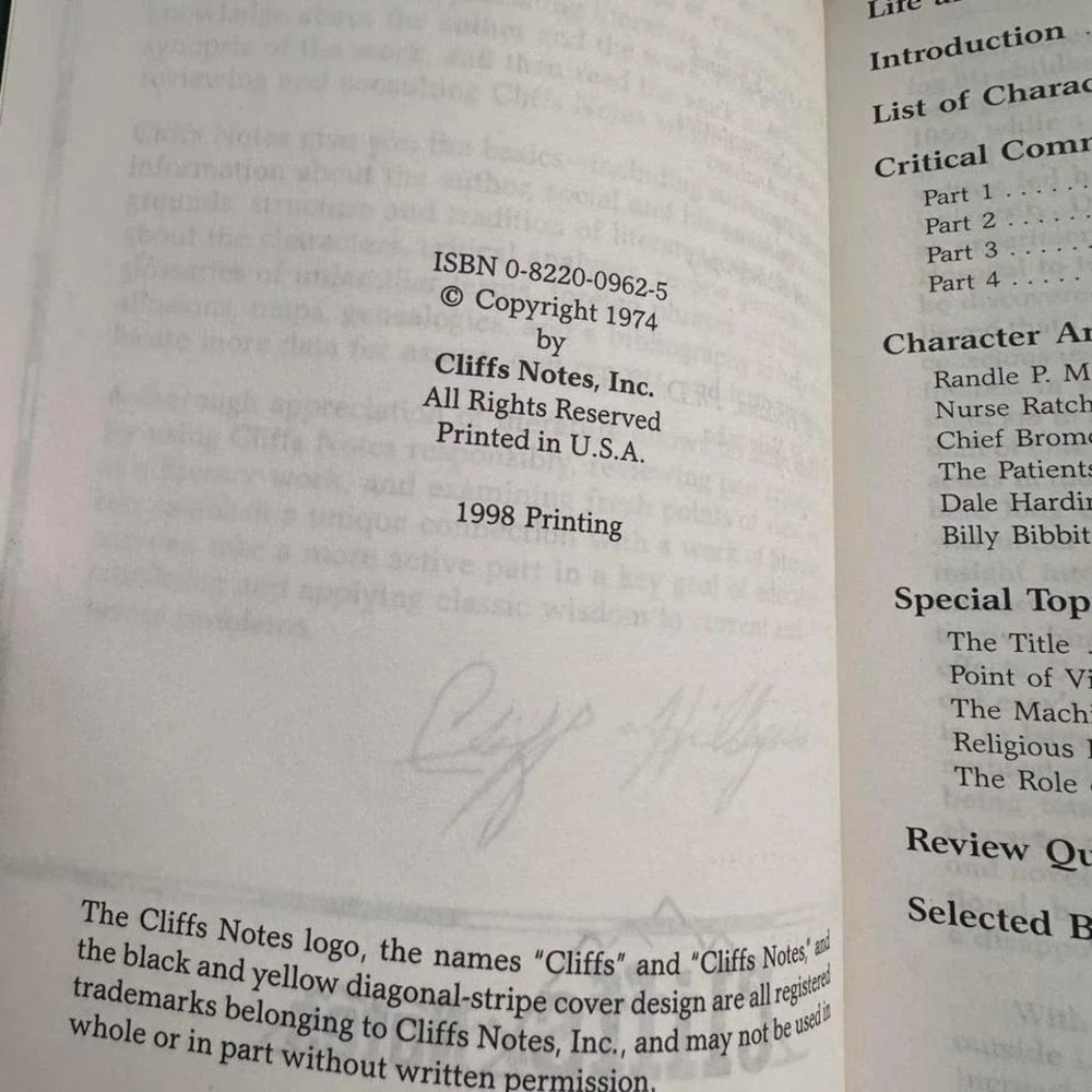 Cliffs Notes One Flew Over the Cuckoo's Nest Ken Kesey Study Guide 1998 Printing